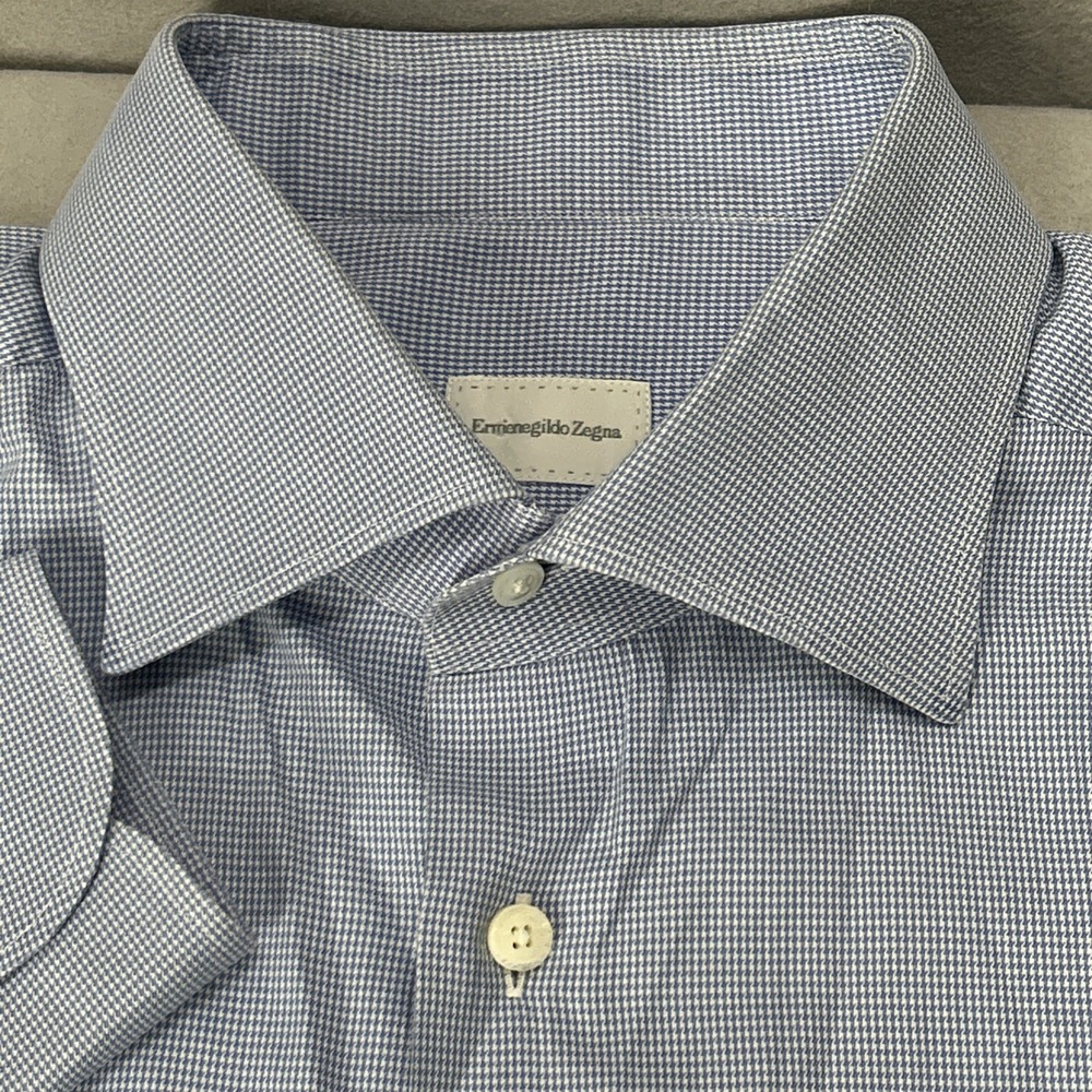 Ermenegildo Zegna Dress Shirt Men 17.5-44 Blue Micro Houndstooth Regular Fit